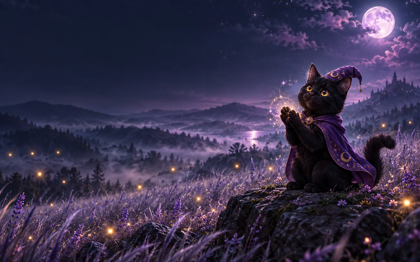 Black cat in a lavender meadow clapping its paws